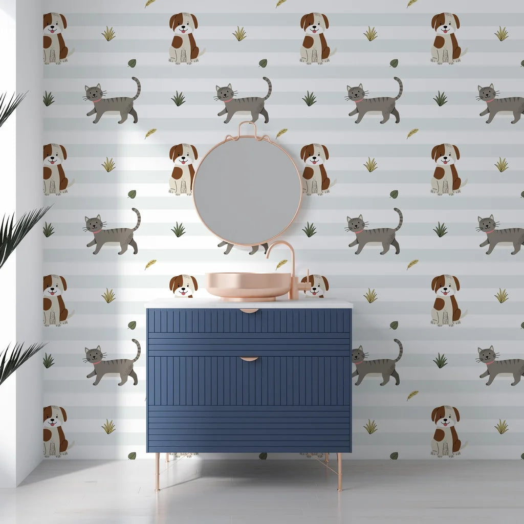Playful feline and canine illustrations on a classic striped nursery wallcovering - Happy Stroll