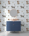 Playful feline and canine illustrations on a classic striped nursery wallcovering - Happy Stroll
