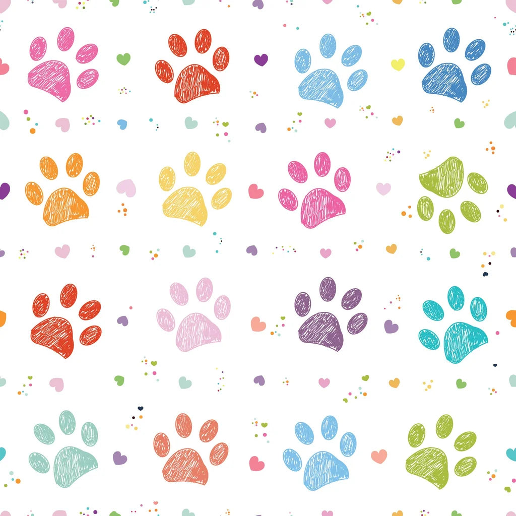 Matte white colorful crayon paw prints peel and stick wallpaper -Happy Tracks