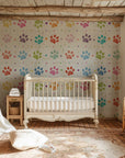 Playful hand-drawn rainbow paw prints on a non-reflective white background for easy application - Happy Tracks