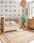 Artistic scribbled colorful pet prints featured on a matte white peel-and-stick decorative surface - Happy Tracks