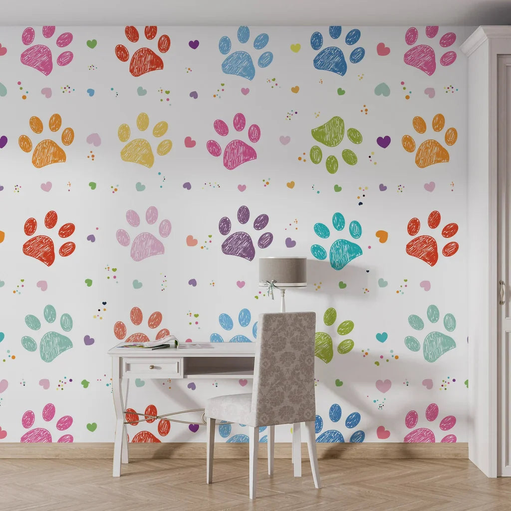 Vibrant multi-colored crayon-style animal tracks scattered across a flat white self-adhesive wall covering - Happy Tracks