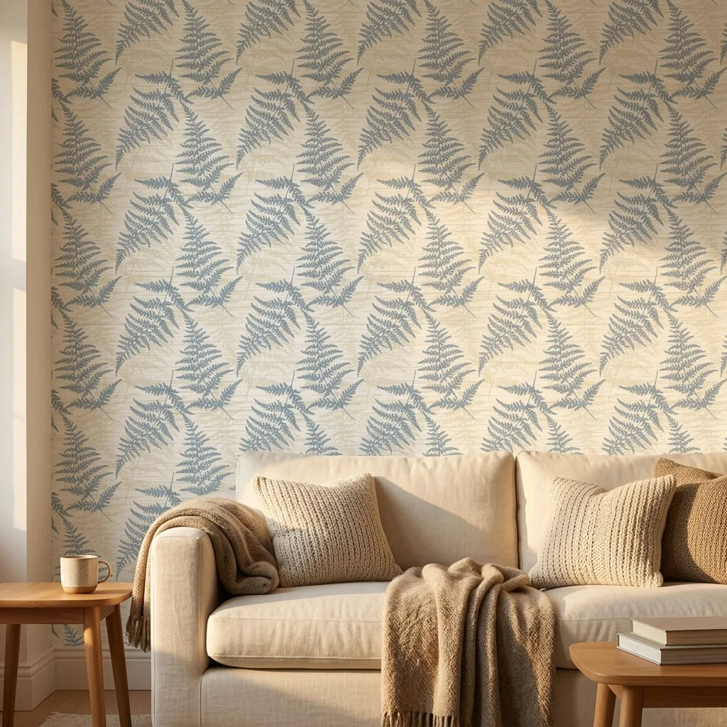 Harbor Fern blue botanical peel and stick wallpaper in a warm and inviting living room
