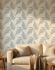 Harbor Fern blue botanical peel and stick wallpaper in a warm and inviting living room