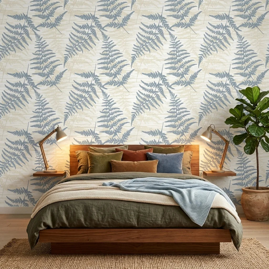 Harbor Fern blue botanical peel and stick wallpaper adding character to a cozy bedroom