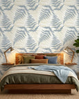 Harbor Fern blue botanical peel and stick wallpaper adding character to a cozy bedroom