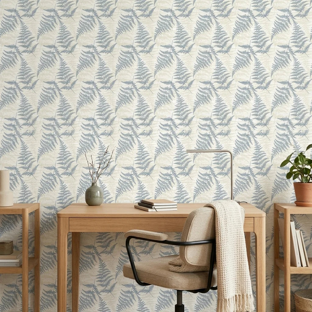 Harbor Fern blue botanical peel and stick wallpaper as a feature wall in a bright home office