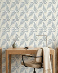 Harbor Fern blue botanical peel and stick wallpaper as a feature wall in a bright home office