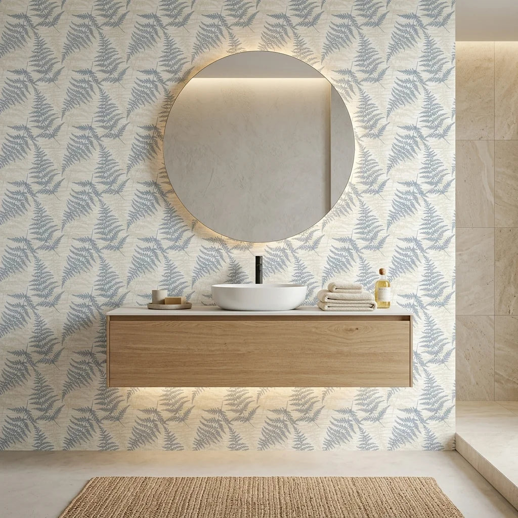 Harbor Fern blue botanical peel and stick wallpaper creating ambiance in a serene bathroom