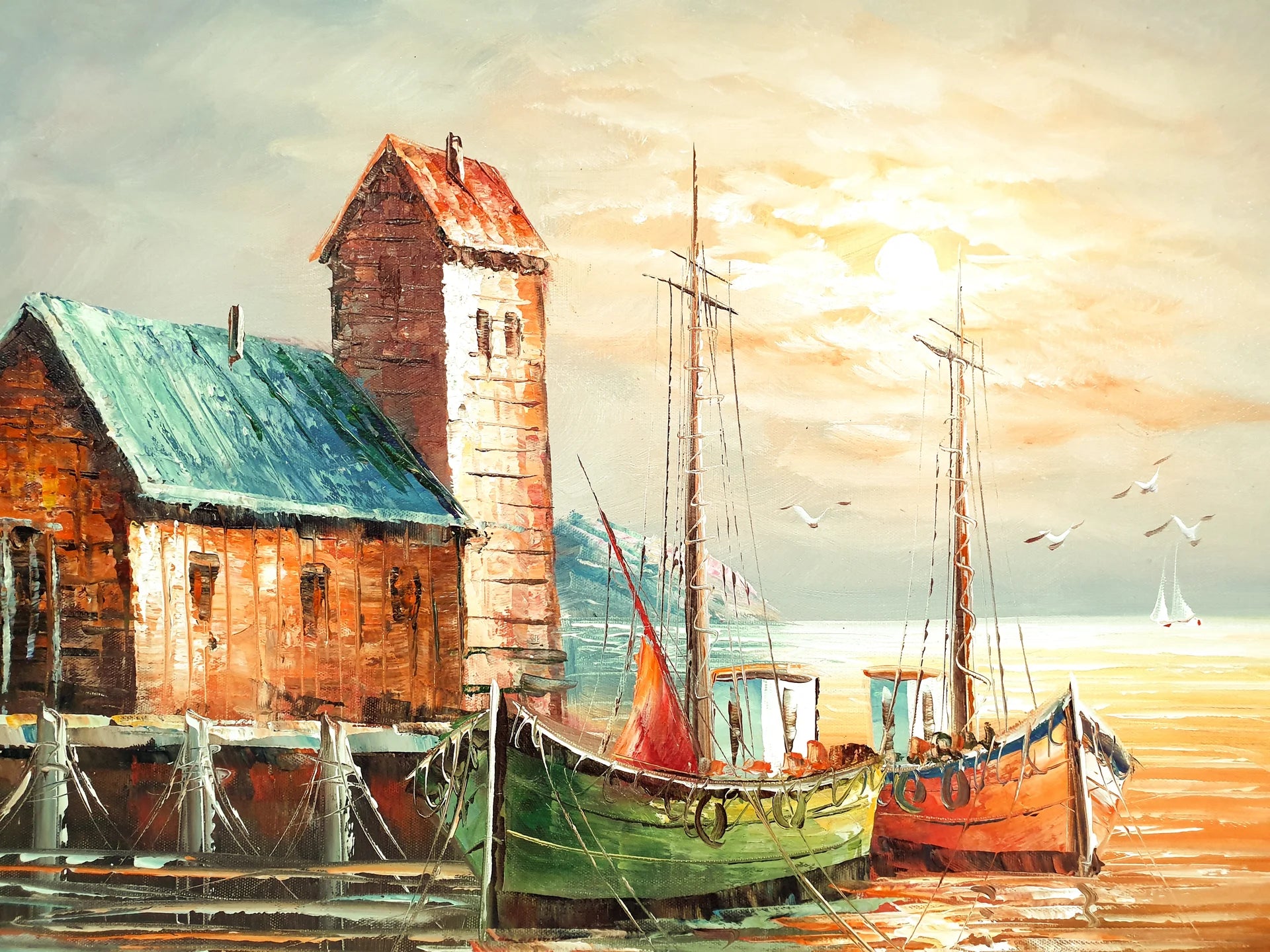 Harbour Gold classic coastal harbour scene wallpaper creating ambiance in a serene bathroom