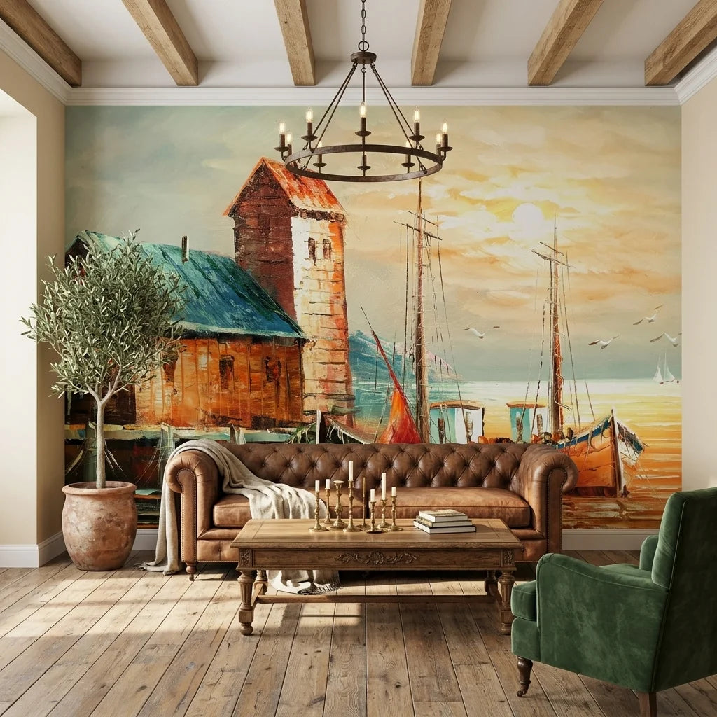 Textured painterly coastal harbour with sailboats peel and stick wallpaper - Harbour Gold
