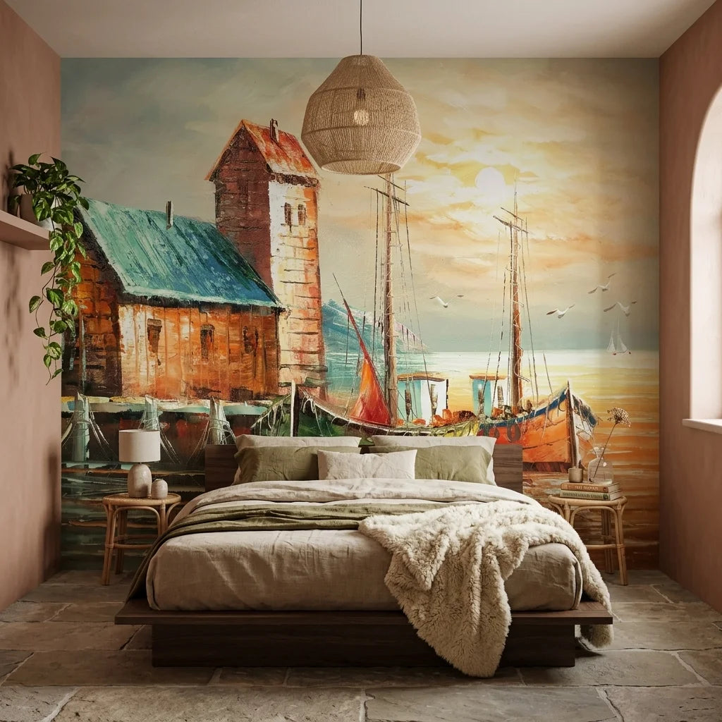 Harbour Gold classic coastal harbour scene wallpaper in a warm and inviting living room