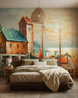 Harbour Gold classic coastal harbour scene wallpaper in a warm and inviting living room