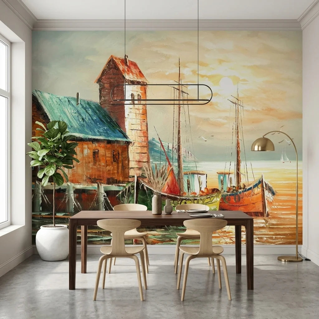 Harbour Gold classic coastal harbour scene wallpaper adding character to a cozy bedroom