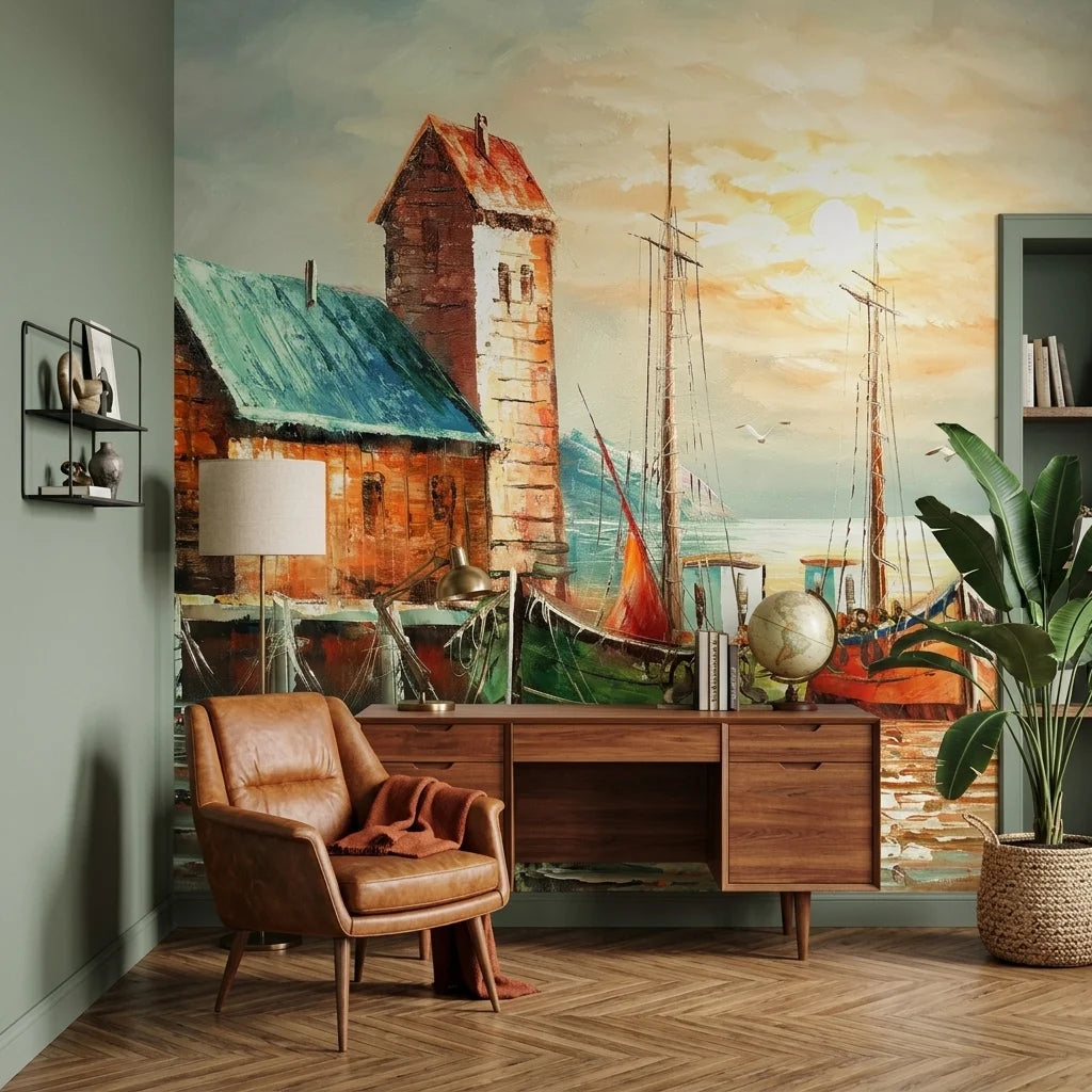 Harbour Gold classic coastal harbour scene wallpaper as a feature wall in a bright home office