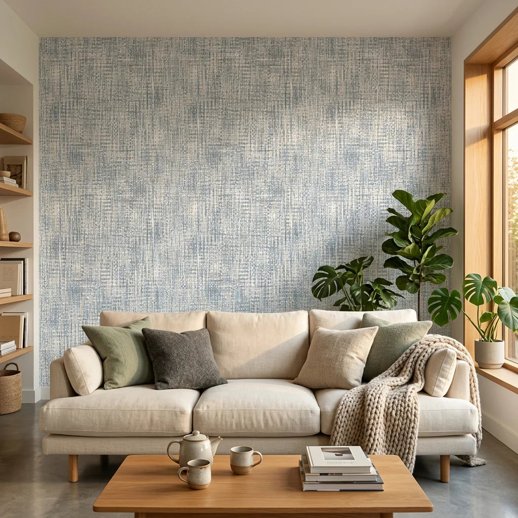 Blue-gray textured Harbour Weave wallpaper on modern living room accent wall with natural light