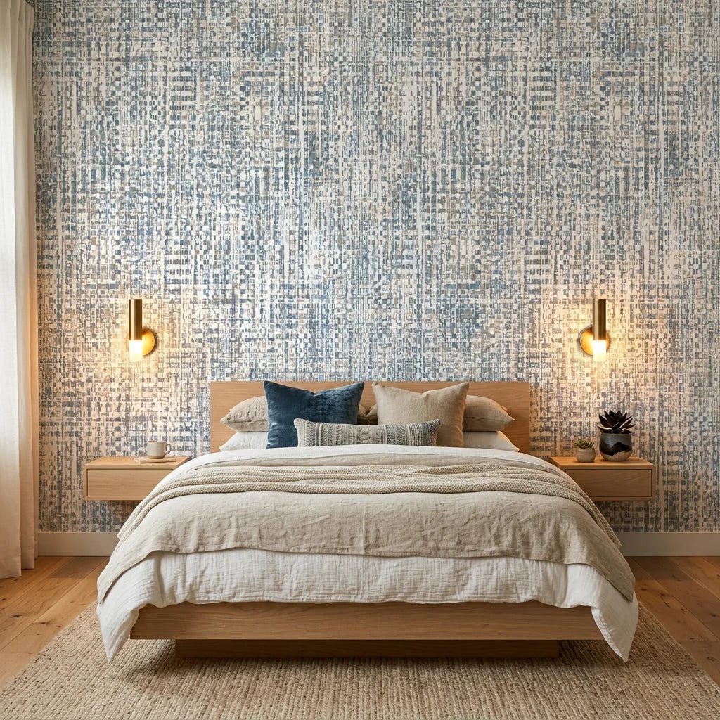 Blue and beige Harbour Weave textured wallpaper on modern bedroom accent wall with warm lighting