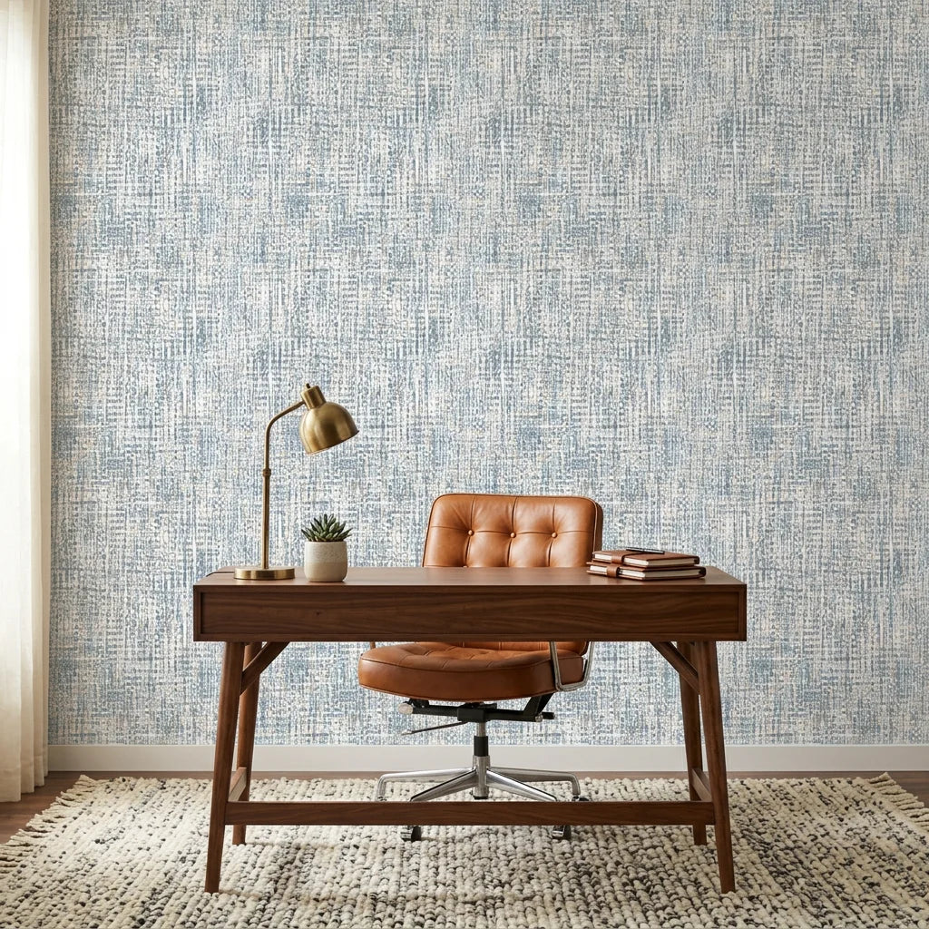 Harbour Weave removable wallpaper in blue and beige tones creating textured linen effect in modern home office