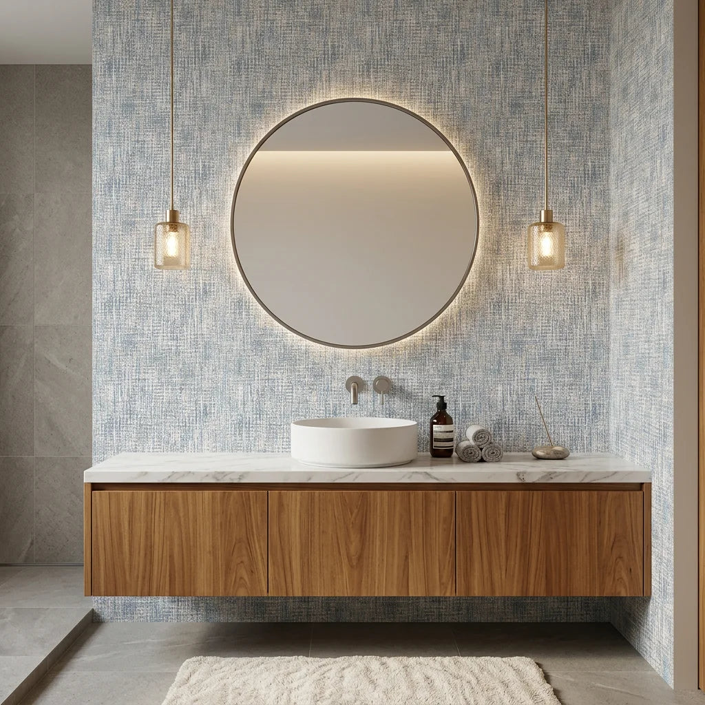 Gray and cream Harbour Weave textured wallpaper in modern bathroom with floating vanity and brass pendant lights
