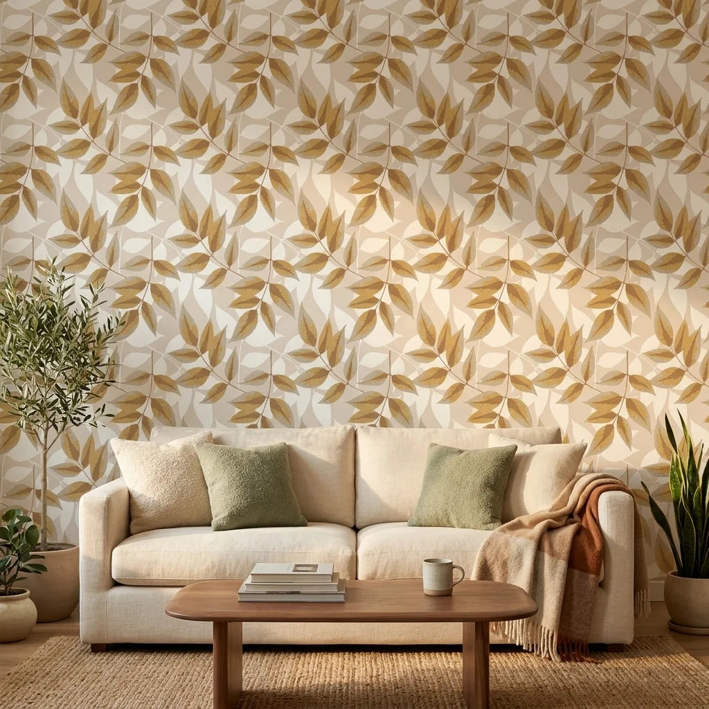 Harvest Crown neutral botanical peel and stick wallpaper in a warm and inviting living room