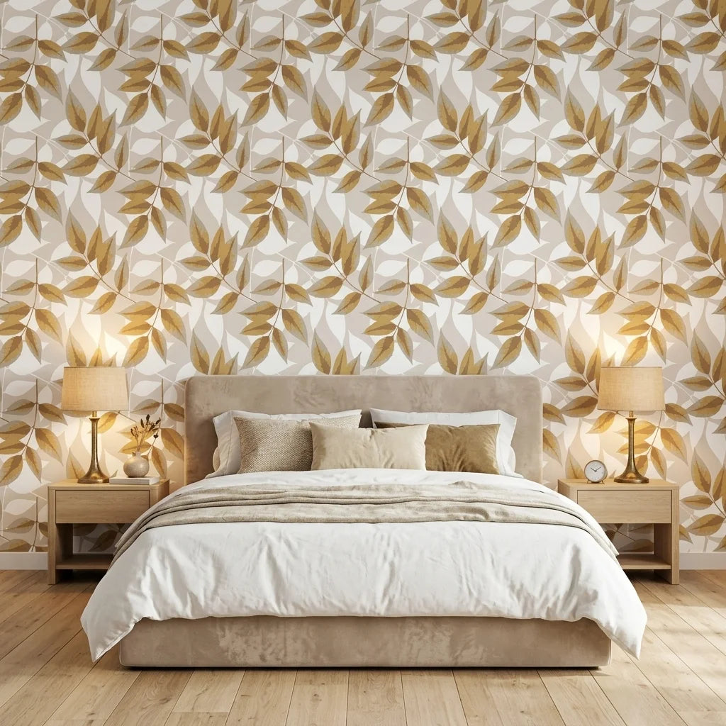 Harvest Crown neutral botanical peel and stick wallpaper adding character to a cozy bedroom