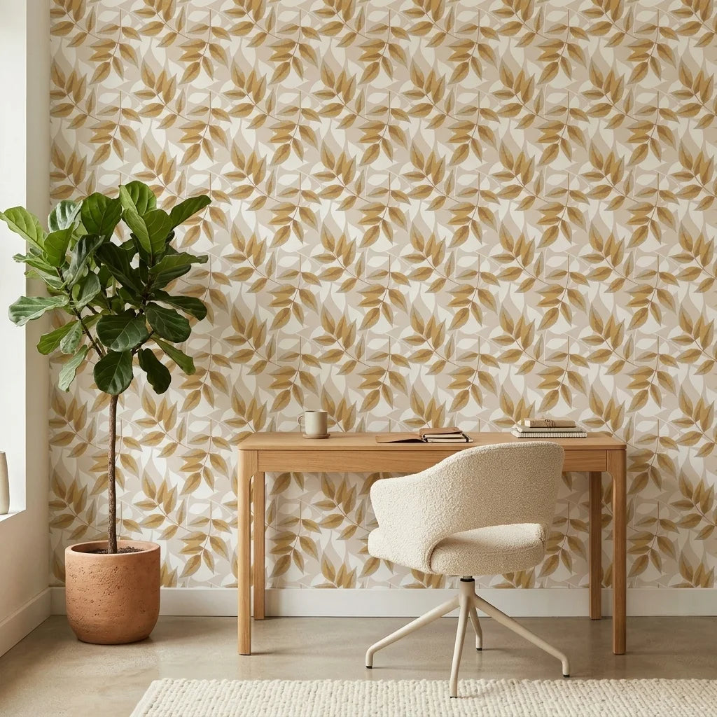 Harvest Crown neutral botanical peel and stick wallpaper as a feature wall in a bright home office