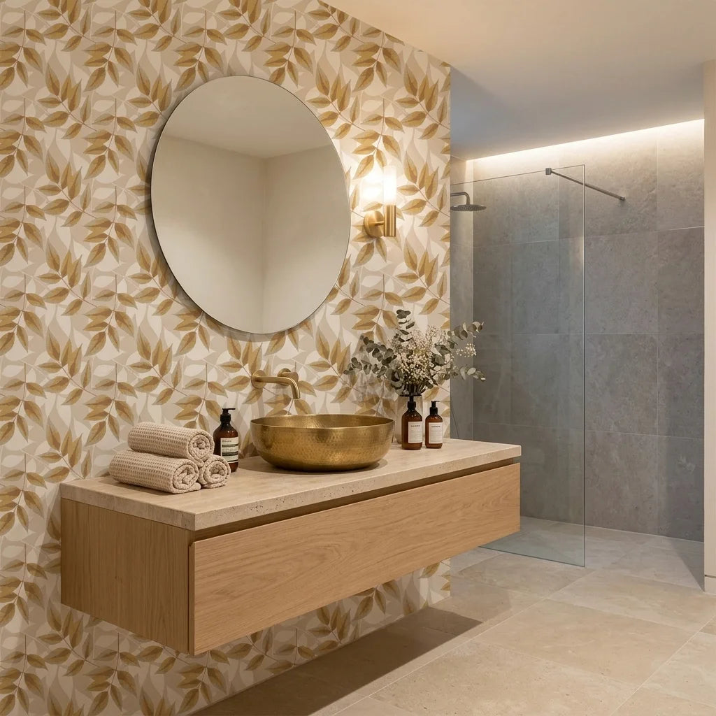 Harvest Crown neutral botanical peel and stick wallpaper creating ambiance in a serene bathroom
