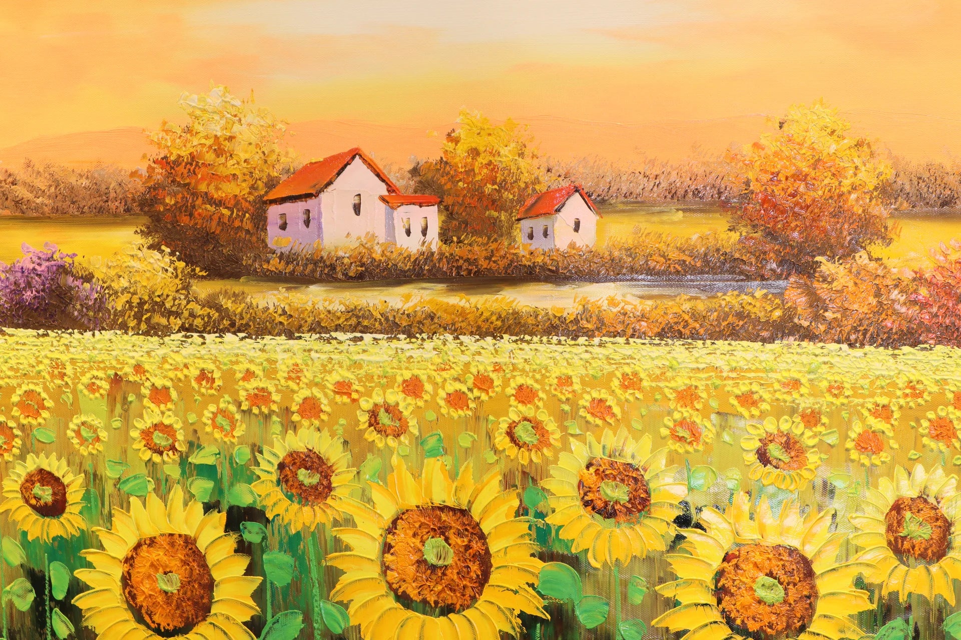 Harvest Glow golden sunflower countryside wallpaper creating ambiance in a serene bathroom