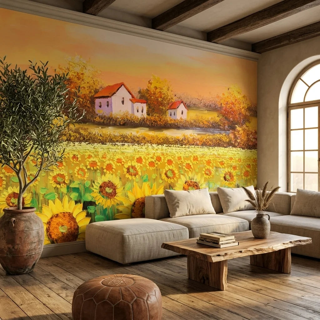 Textured golden sunflower countryside landscape peel and stick wallpaper - Harvest Glow