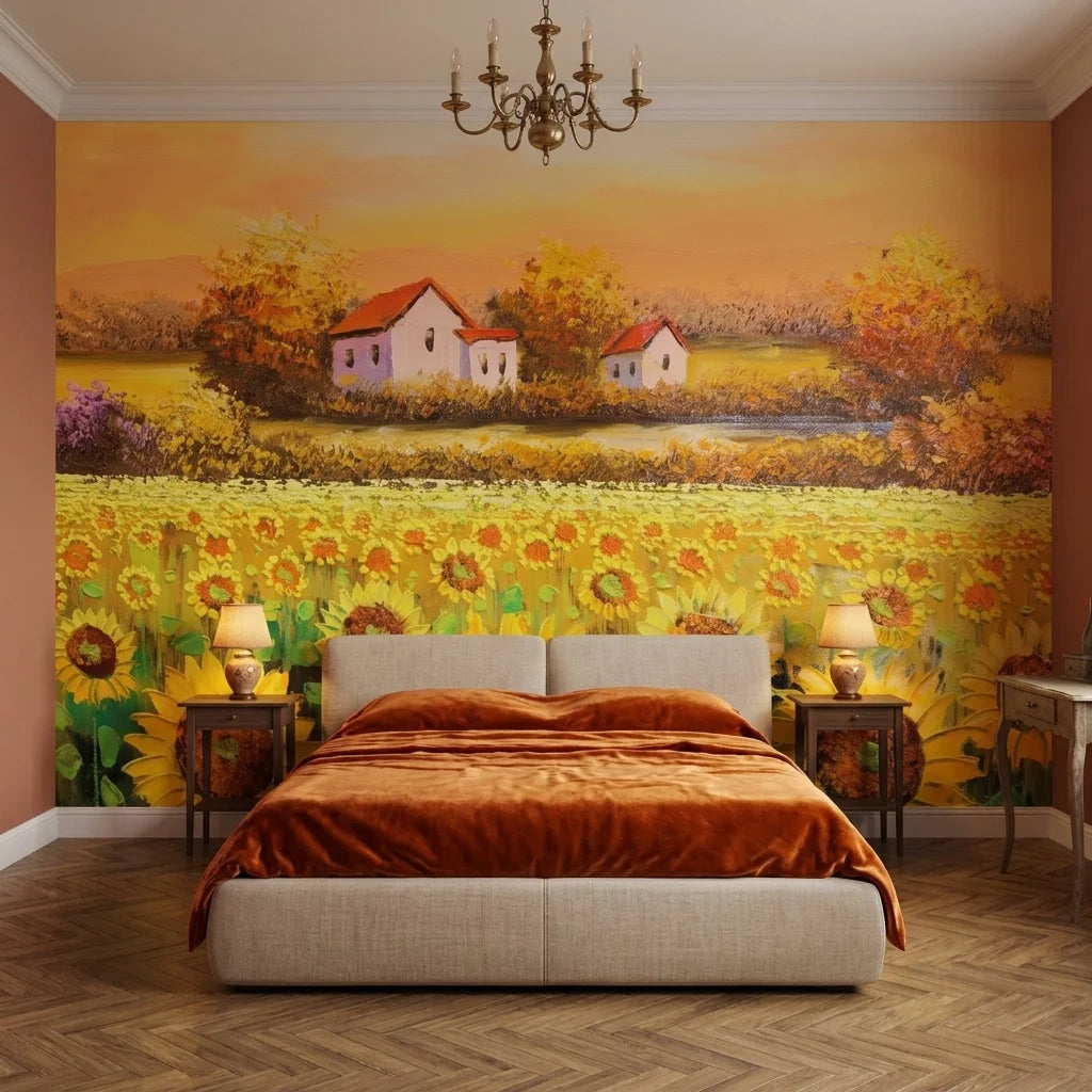 Harvest Glow golden sunflower countryside wallpaper in a warm and inviting living room