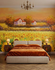 Harvest Glow golden sunflower countryside wallpaper in a warm and inviting living room