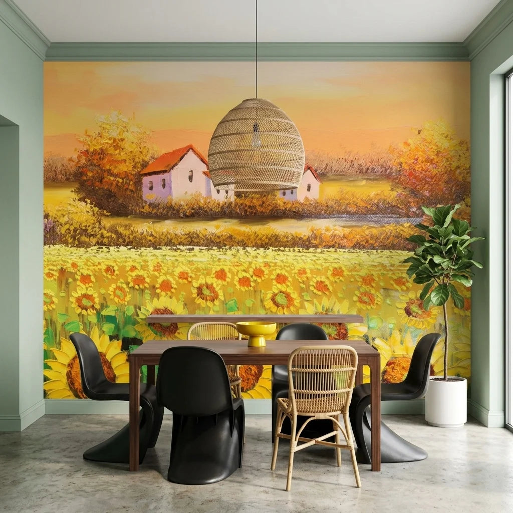 Harvest Glow golden sunflower countryside wallpaper adding character to a cozy bedroom