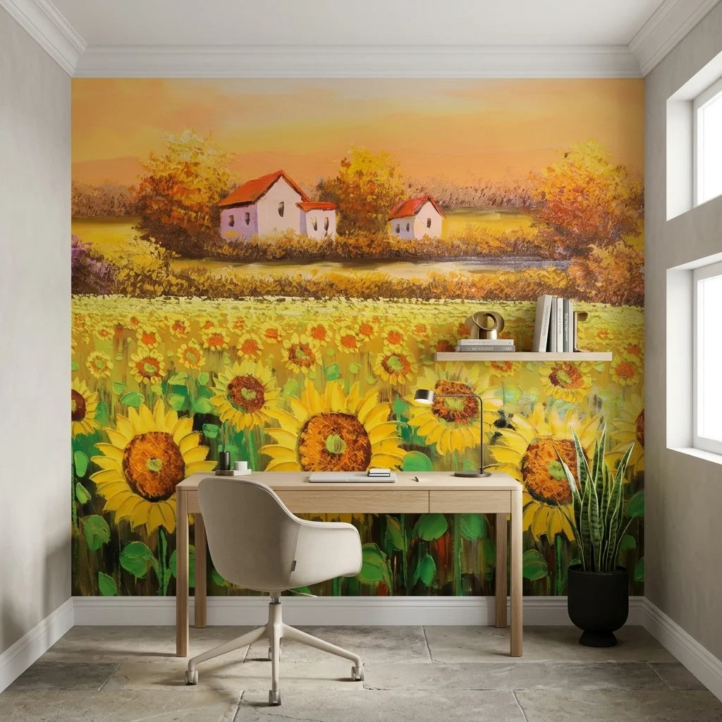 Harvest Glow golden sunflower countryside wallpaper as a feature wall in a bright home office