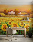 Harvest Glow golden sunflower countryside wallpaper as a feature wall in a bright home office