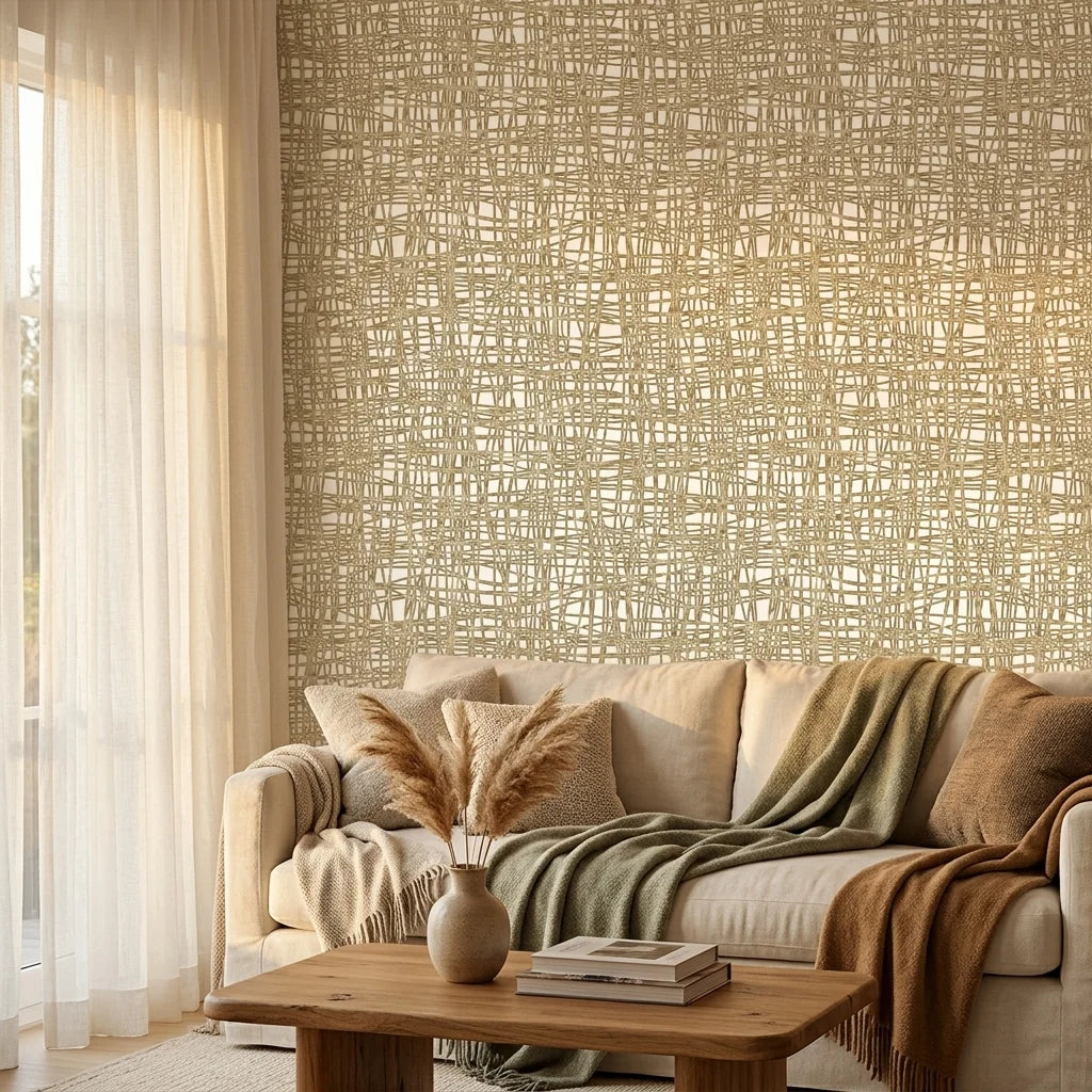 Harvest Loom neutral woven texture wallpaper in a warm and inviting living room