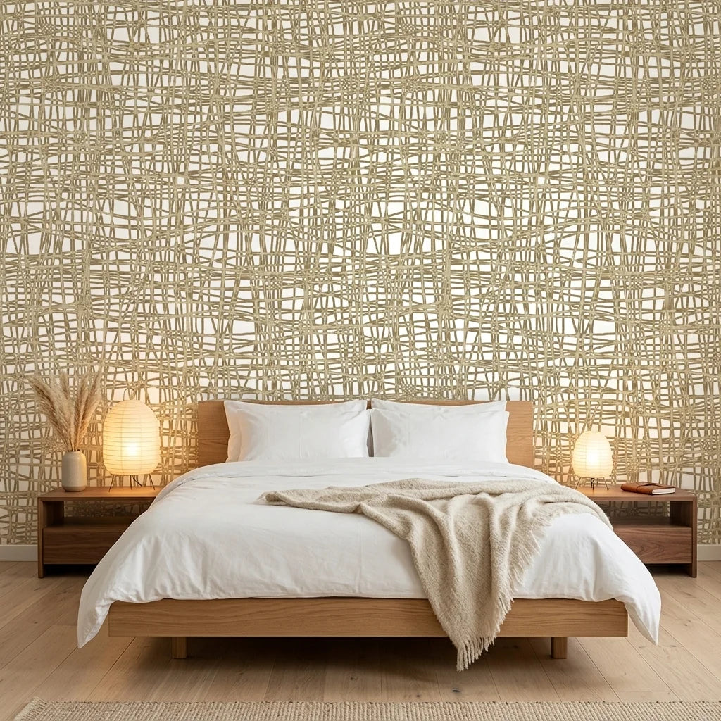Harvest Loom neutral woven texture wallpaper adding character to a cozy bedroom