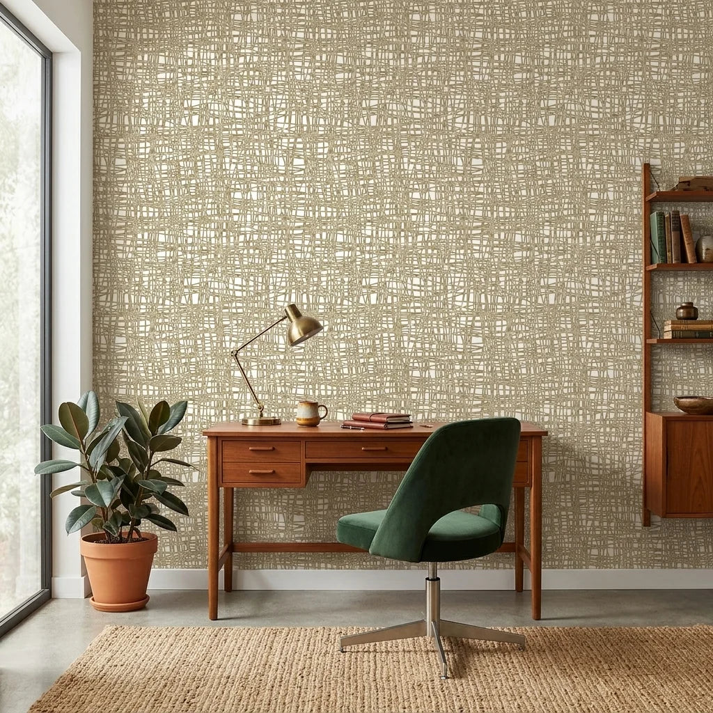 Harvest Loom neutral woven texture wallpaper as a feature wall in a bright home office