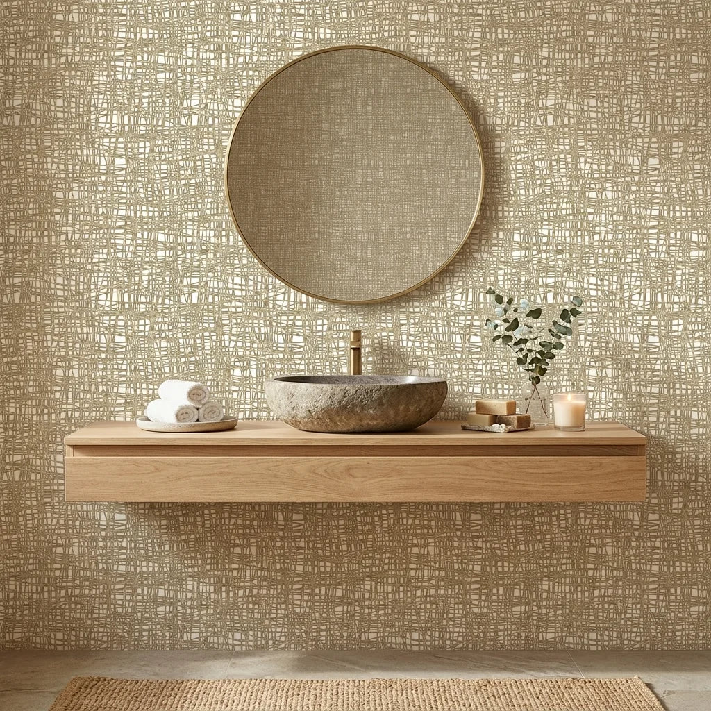 Harvest Loom neutral woven texture wallpaper creating ambiance in a serene bathroom