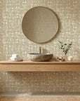 Harvest Loom neutral woven texture wallpaper creating ambiance in a serene bathroom