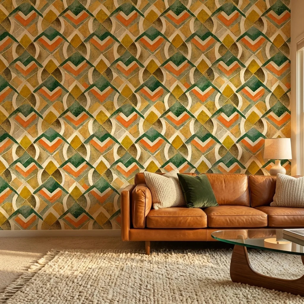 Harvest Mosaic bold orange green and gold geometric wallpaper creating ambiance in a serene bathroom