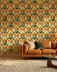 Harvest Mosaic bold orange green and gold geometric wallpaper creating ambiance in a serene bathroom