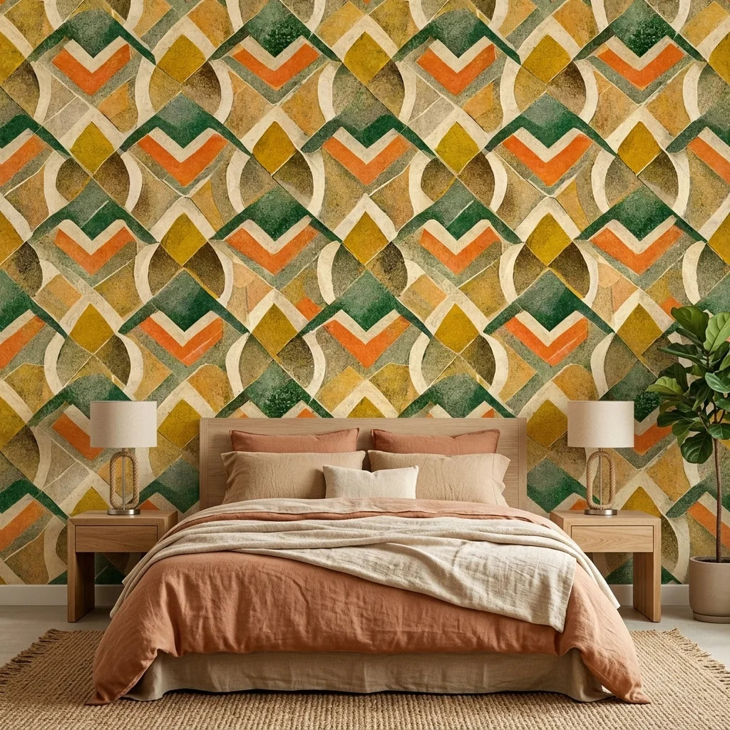 Harvest Mosaic bold orange green and gold geometric wallpaper in a warm and inviting living room
