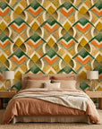 Harvest Mosaic bold orange green and gold geometric wallpaper in a warm and inviting living room