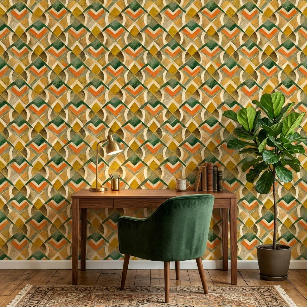 Harvest Mosaic bold orange green and gold geometric wallpaper adding character to a cozy bedroom