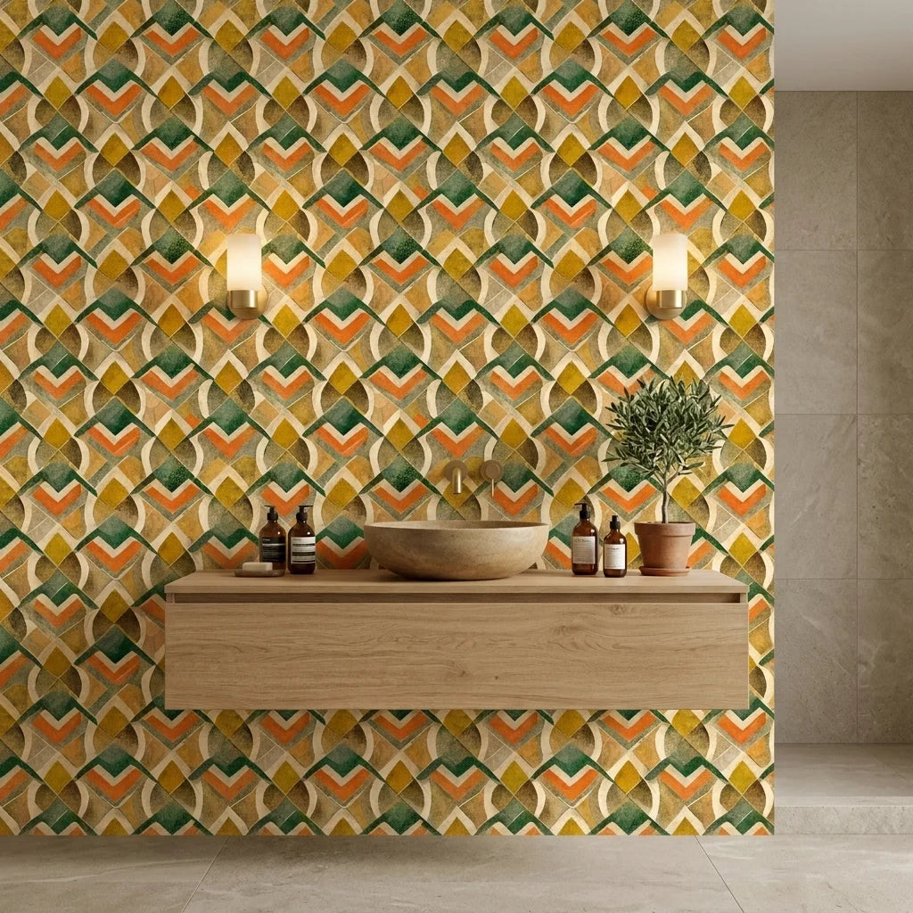 Harvest Mosaic bold orange green and gold geometric wallpaper as a feature wall in a bright home office