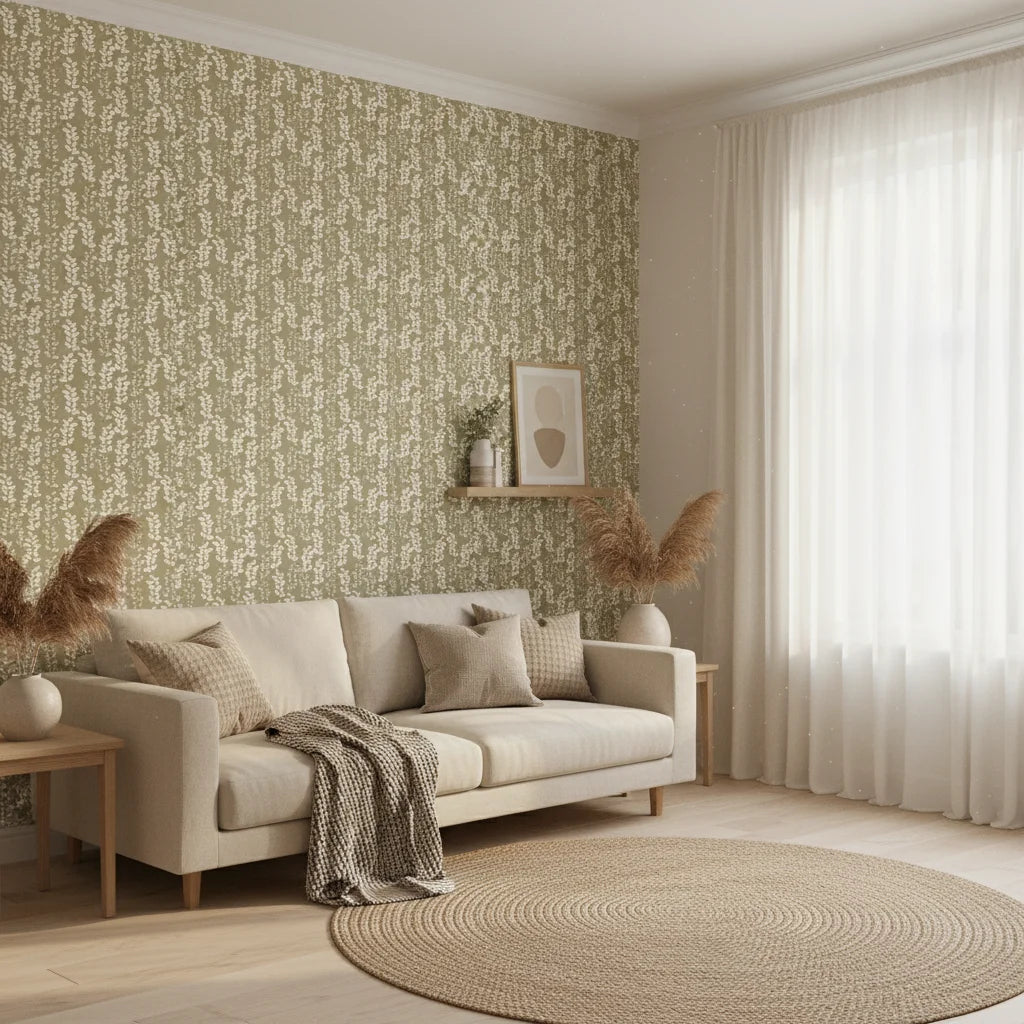 Harvest Sprig warm olive botanical wallpaper in a warm and inviting living room