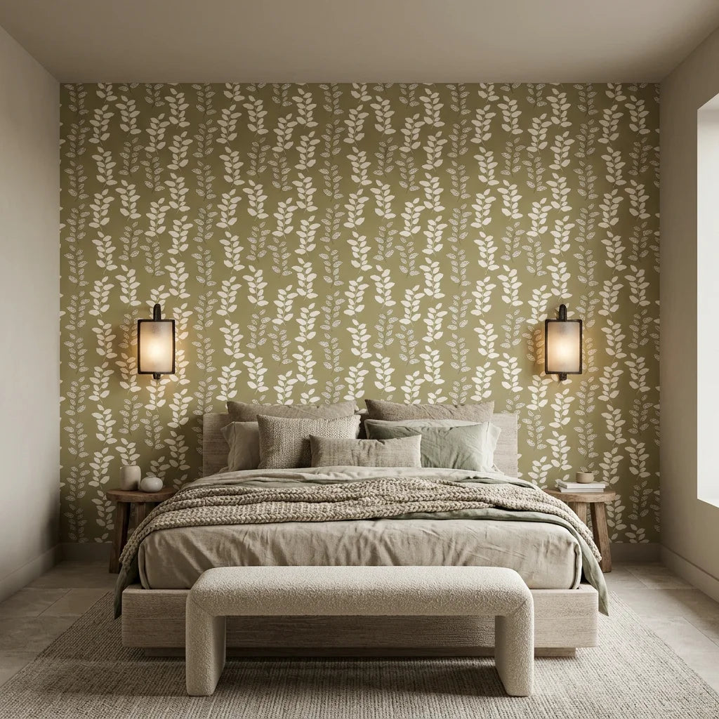 Harvest Sprig warm olive botanical wallpaper adding character to a cozy bedroom
