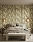 Harvest Sprig warm olive botanical wallpaper adding character to a cozy bedroom
