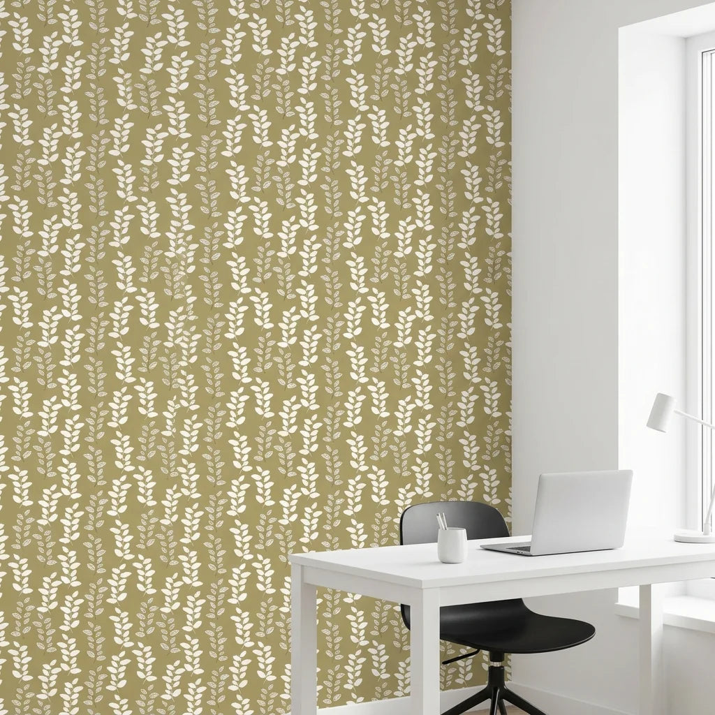 Harvest Sprig warm olive botanical wallpaper as a feature wall in a bright home office