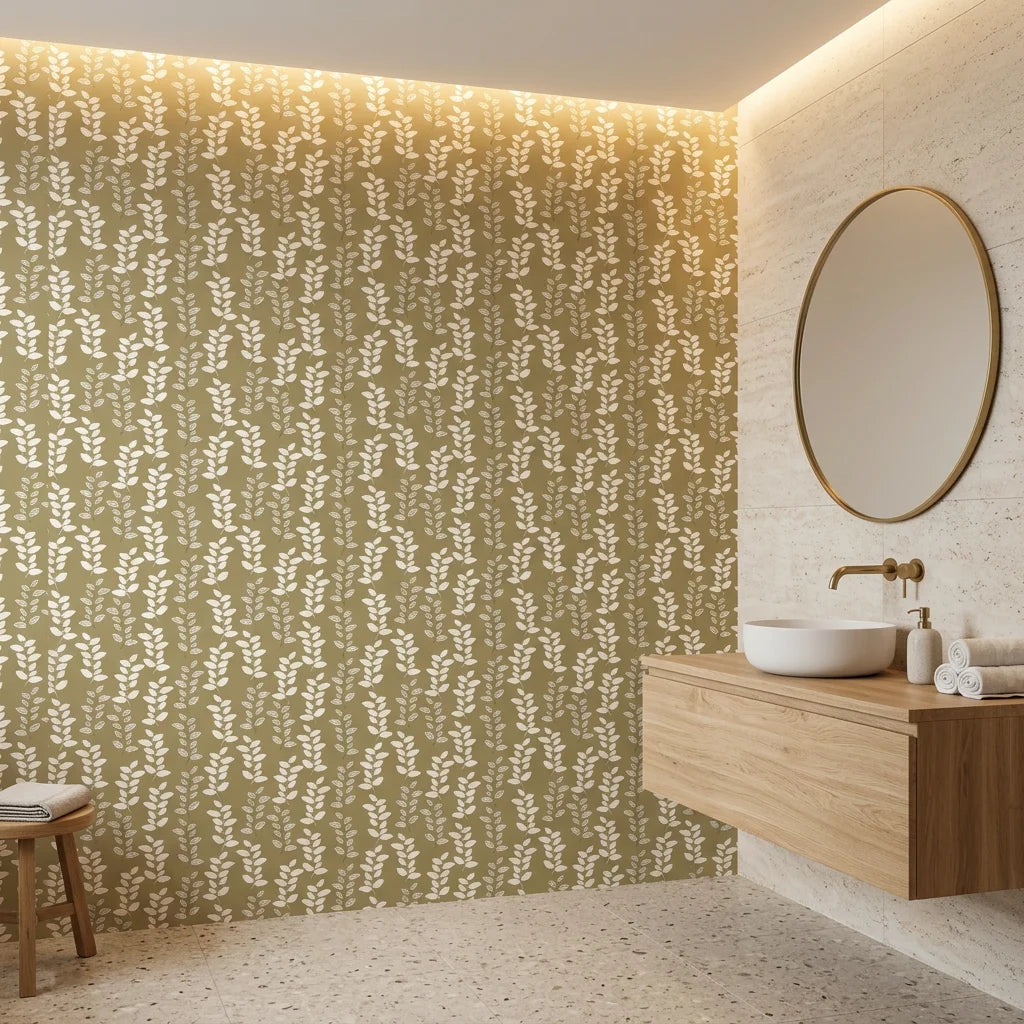 Harvest Sprig warm olive botanical wallpaper creating ambiance in a serene bathroom
